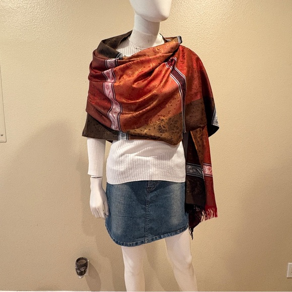 Silky Accessories - Silky Scarf Wrap Shawl Earthy Warm Tones Brown Burgundy Made In France Luxury